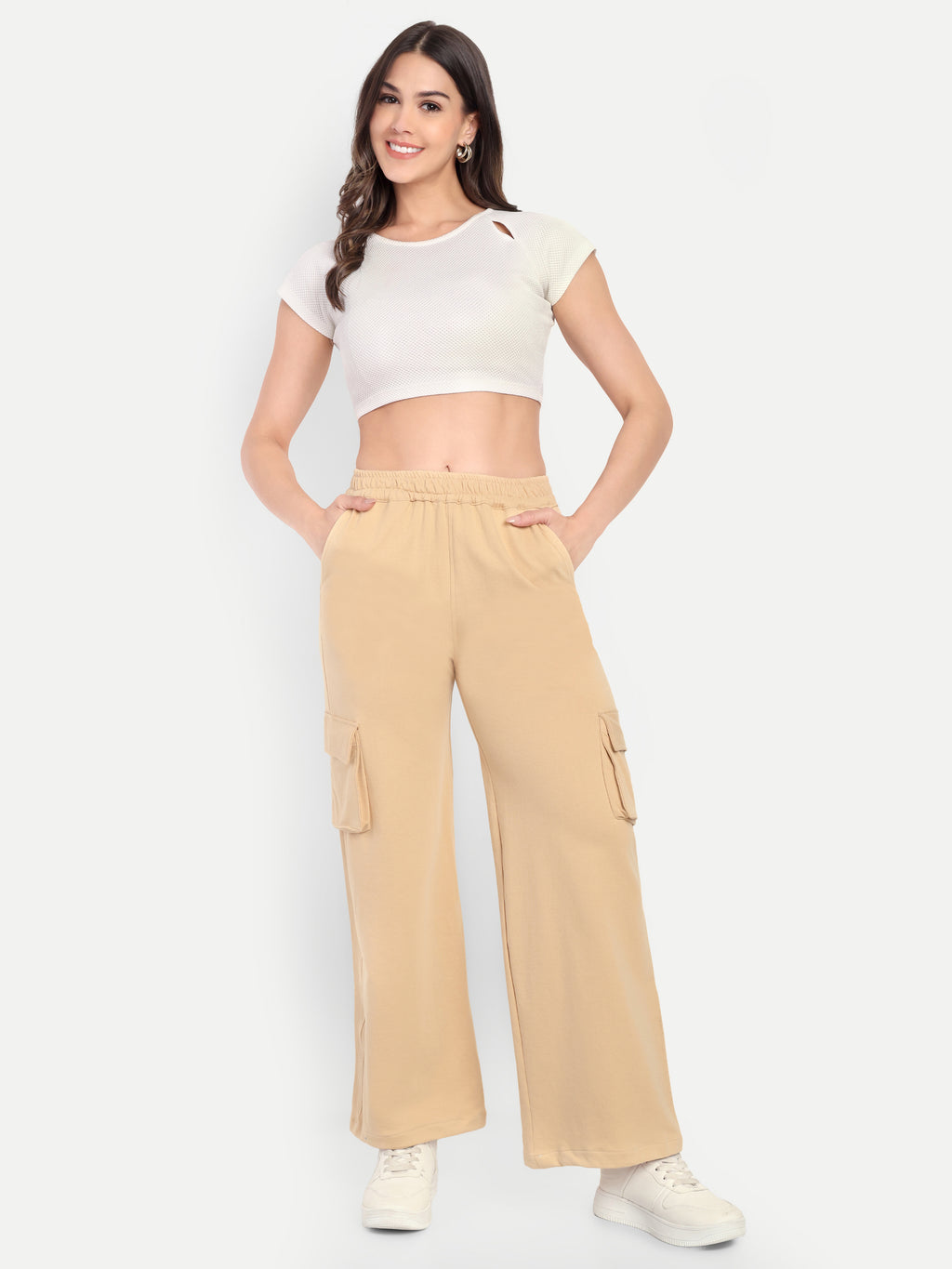 Women Solid Cargo Track Pants - Beige