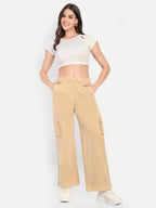 Women Solid Cargo Track Pants - Beige