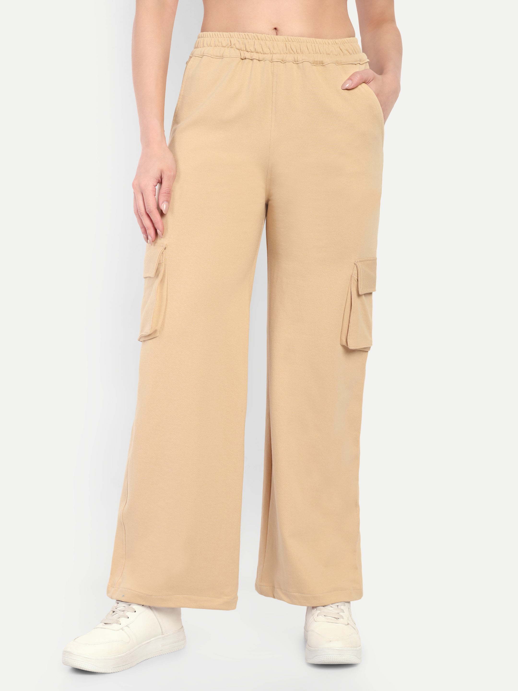 Women Solid Cargo Track Pants - Beige