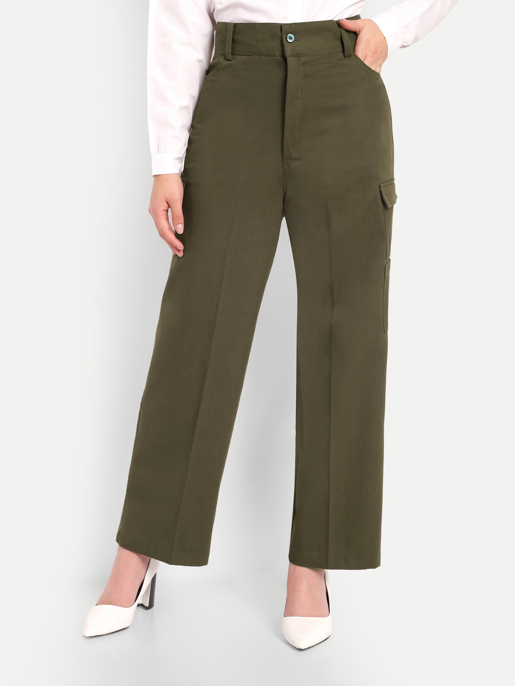 Women Olive Green High-Rise Straight Fit Cargo Trousers
