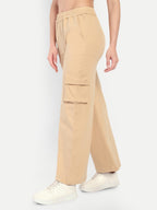 Women Solid Cargo Track Pants - Beige