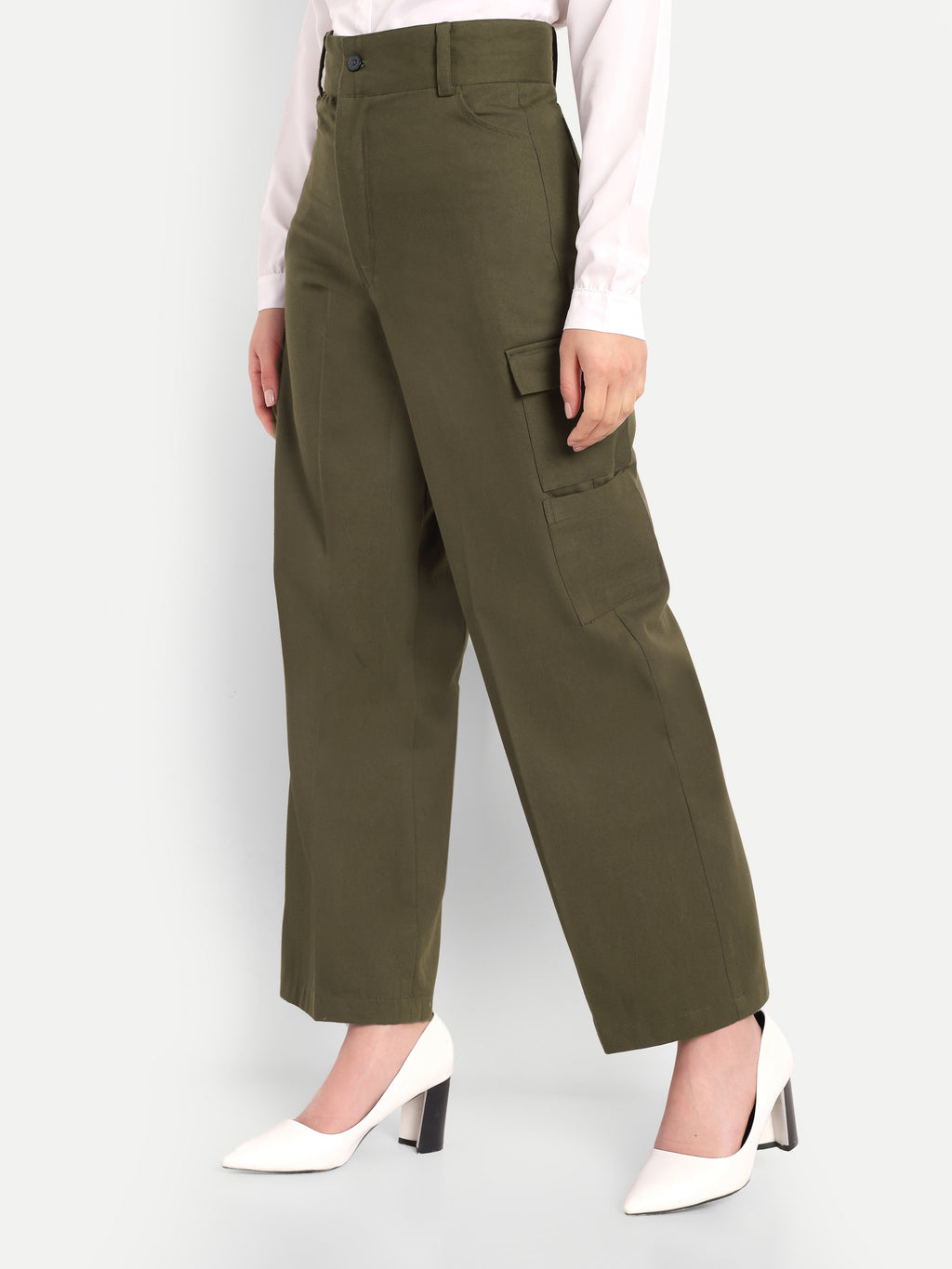 Women Olive Green High-Rise Straight Fit Cargo Trousers