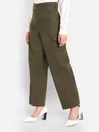 Women Olive Green High-Rise Straight Fit Cargo Trousers
