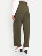 Women Olive Green High-Rise Straight Fit Cargo Trousers