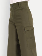 Women Olive Green High-Rise Straight Fit Cargo Trousers