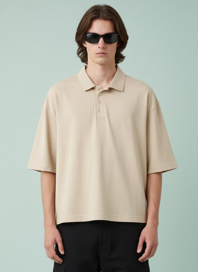 Mens Beige Oversize Polo - Boxy Fit
