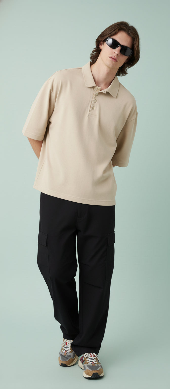 Mens Beige Oversize Polo - Boxy Fit
