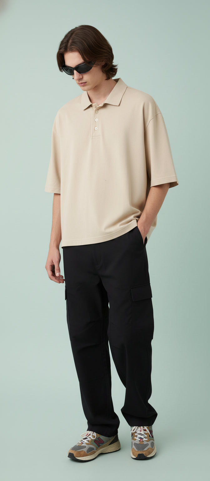 Mens Beige Oversize Polo - Boxy Fit