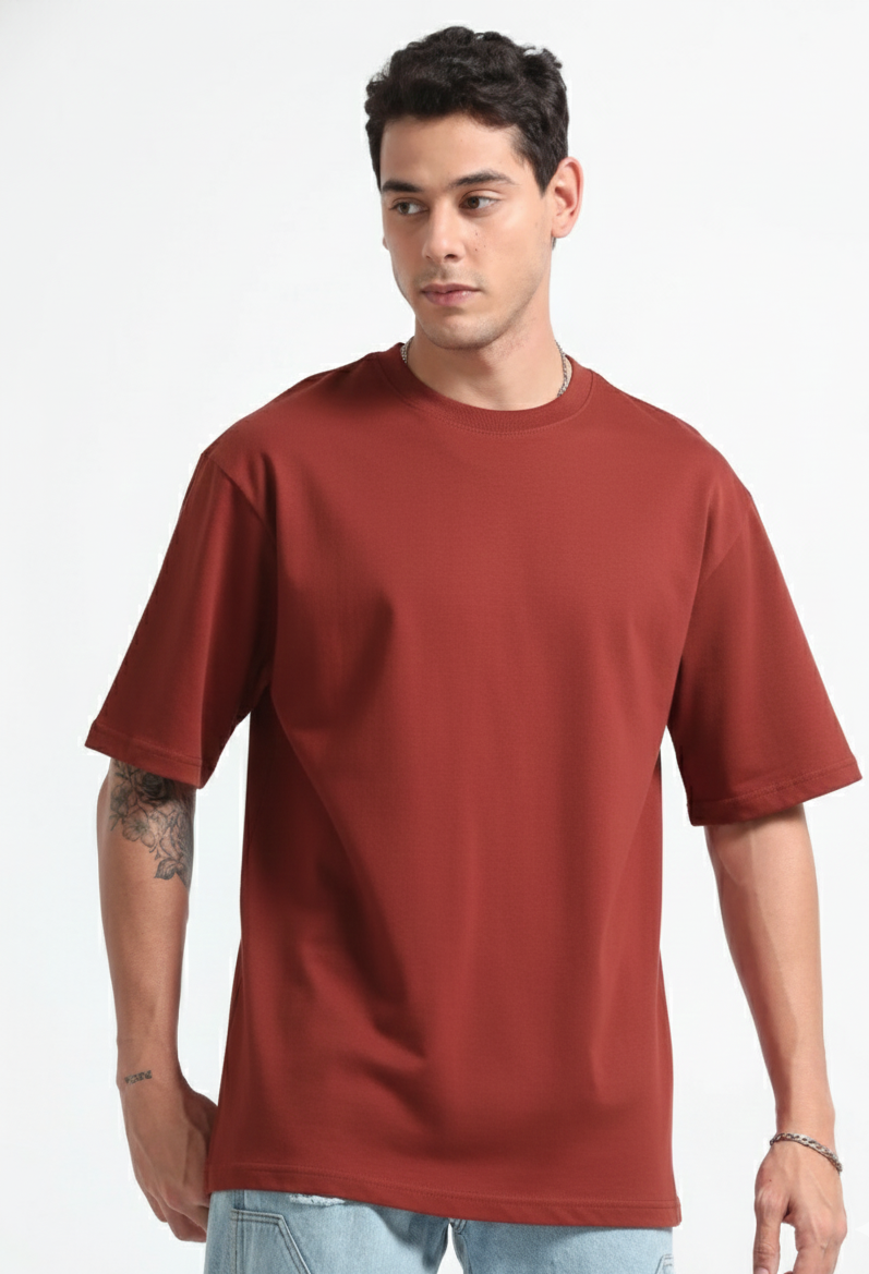 Mens Solid Oversized T-shirt- Brick
