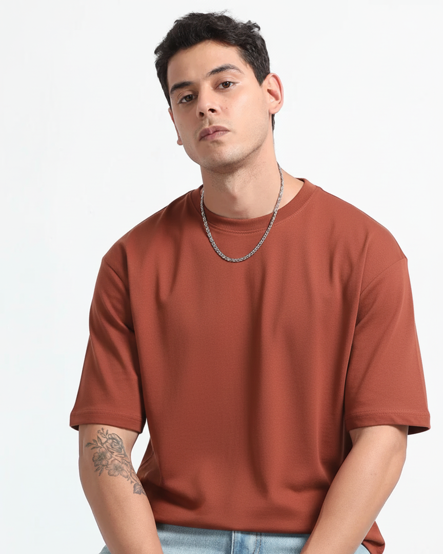 Mens Solid Oversized T-shirt- Brick