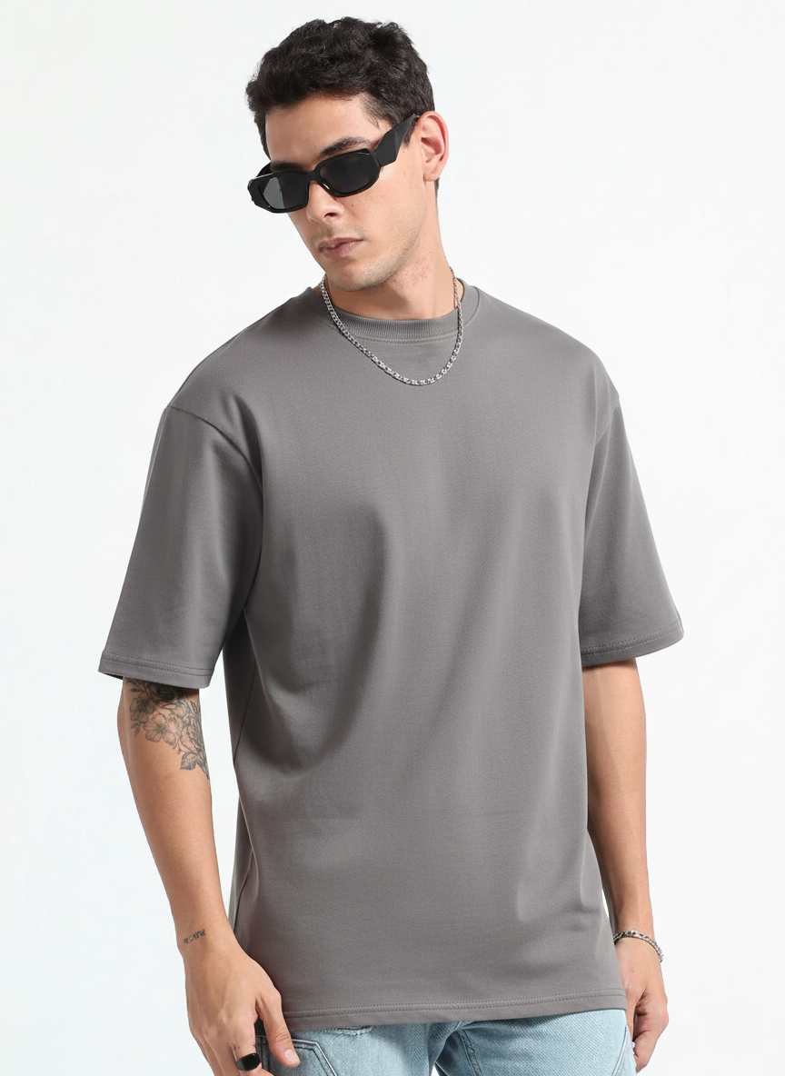Mens Solid Oversized T-shirt- Grey