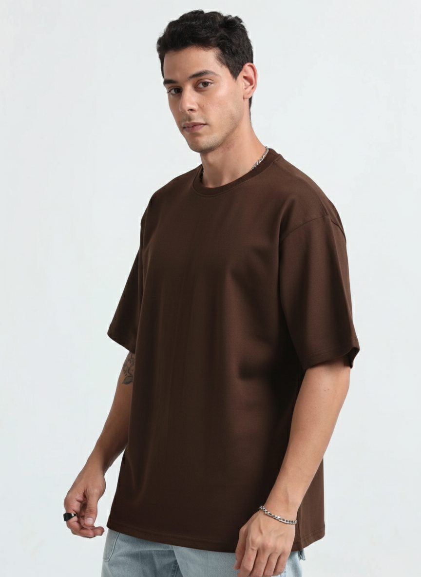 Mens Solid Oversized T-shirt- Coffee brown
