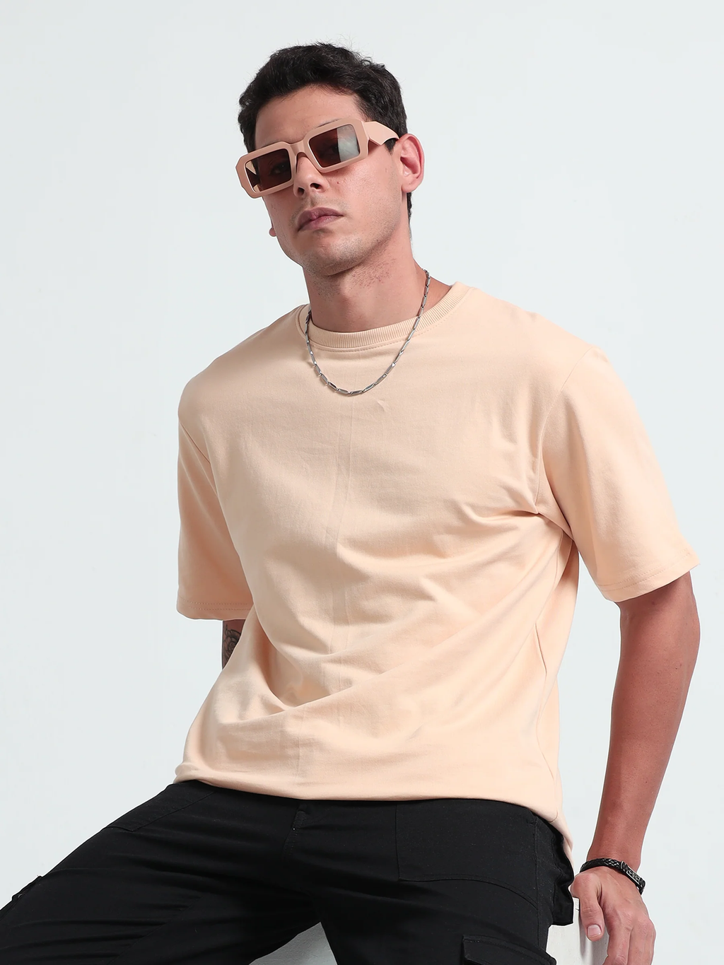 Mens Solid Oversized T-shirt- Beige