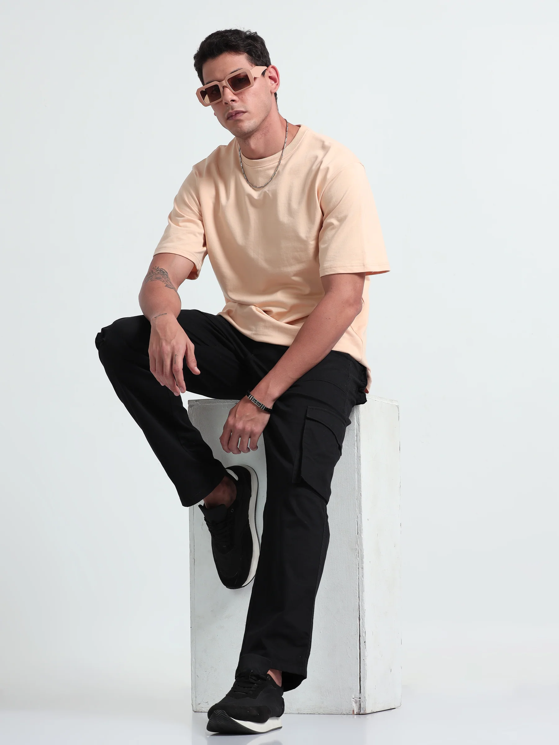 Mens Solid Oversized T-shirt- Beige