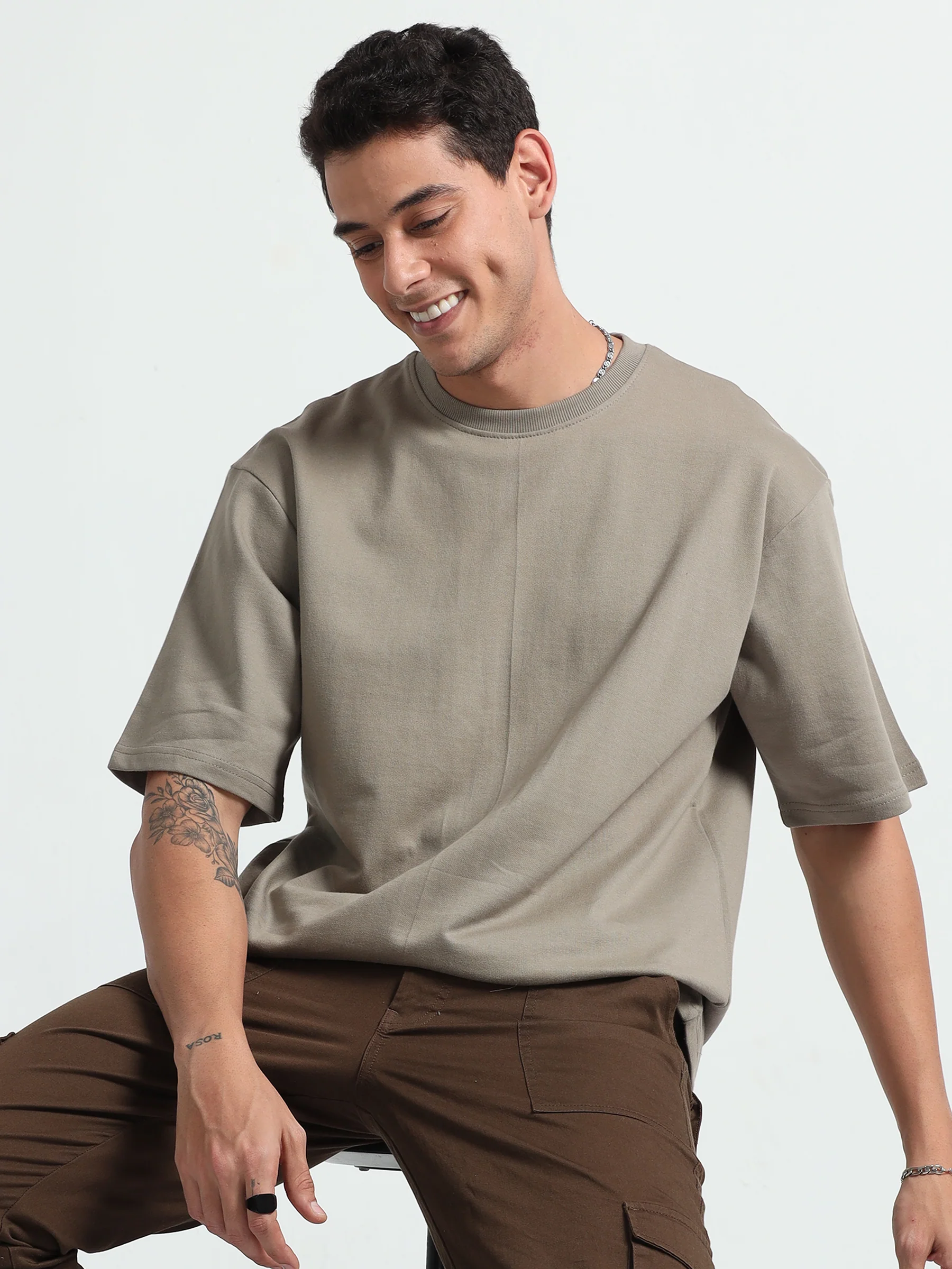 Mens Solid Oversized T-shirt- Camel brown