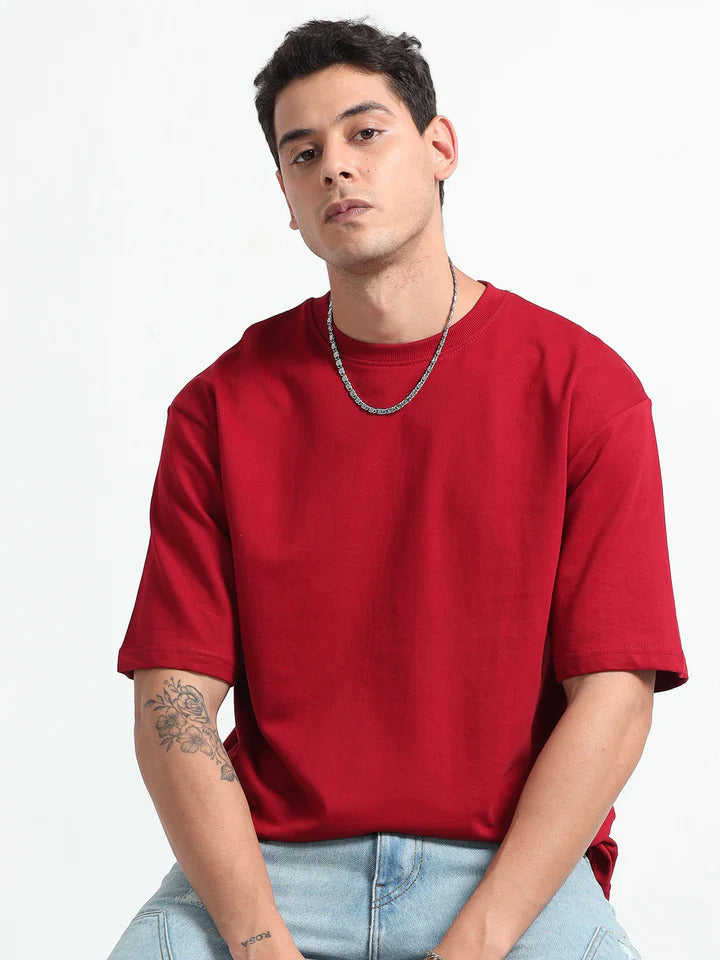 Mens Solid Oversized T-shirt- Red