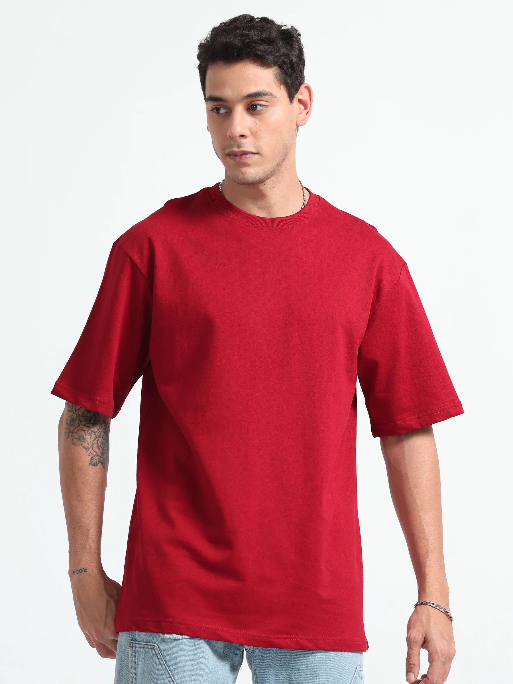 Mens Solid Oversized T-shirt- Red