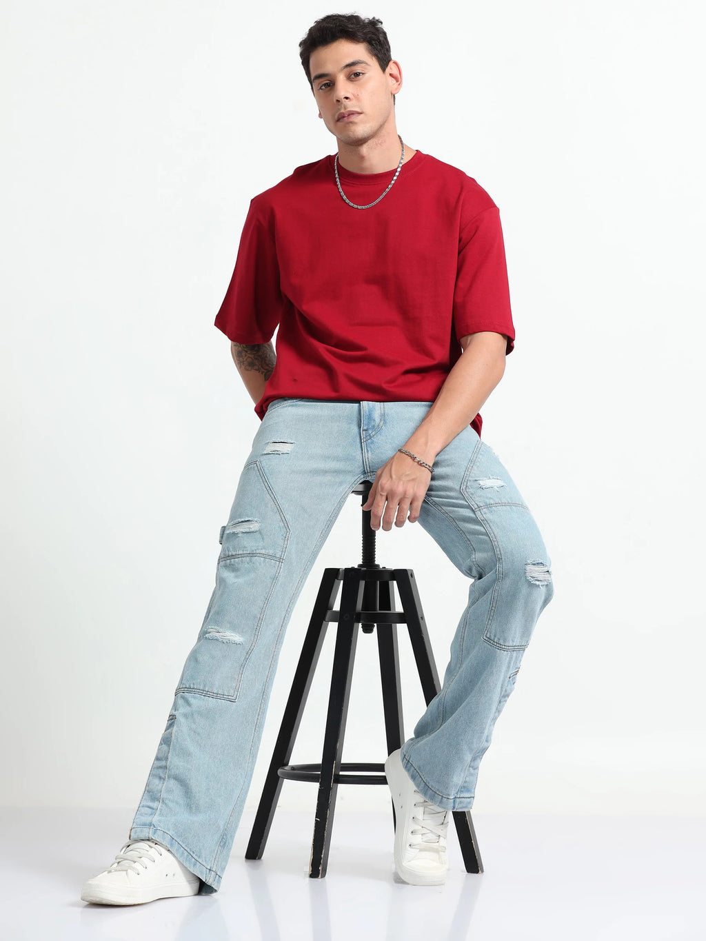 Mens Solid Oversized T-shirt- Red