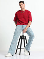 Mens Solid Oversized T-shirt- Red