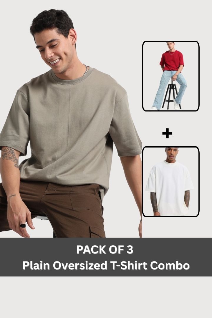 Pack Of 3 Oversize T-shirt :- Camel brown, Red, White