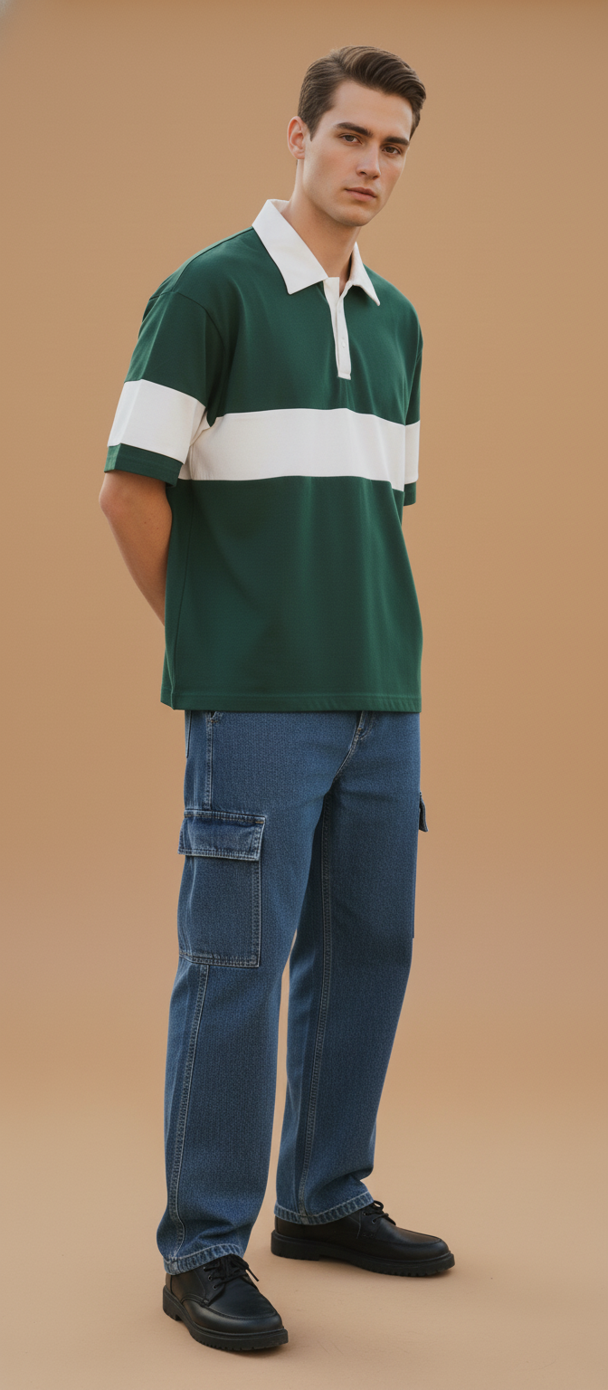 Men’s Heavyweight Oversized Polo T-Shirt - Bottlegreen